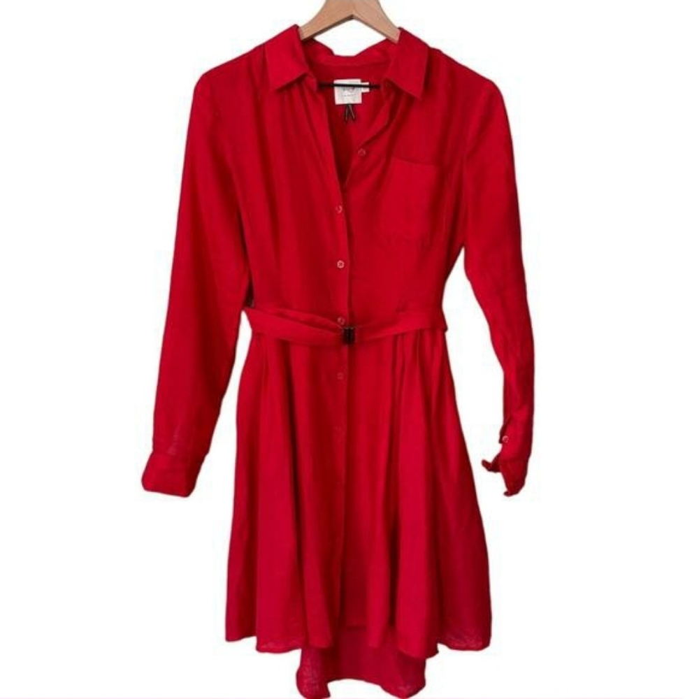 Anthropologie HD in Paris Laila Red Linen Shirt Dress Size04 Belted